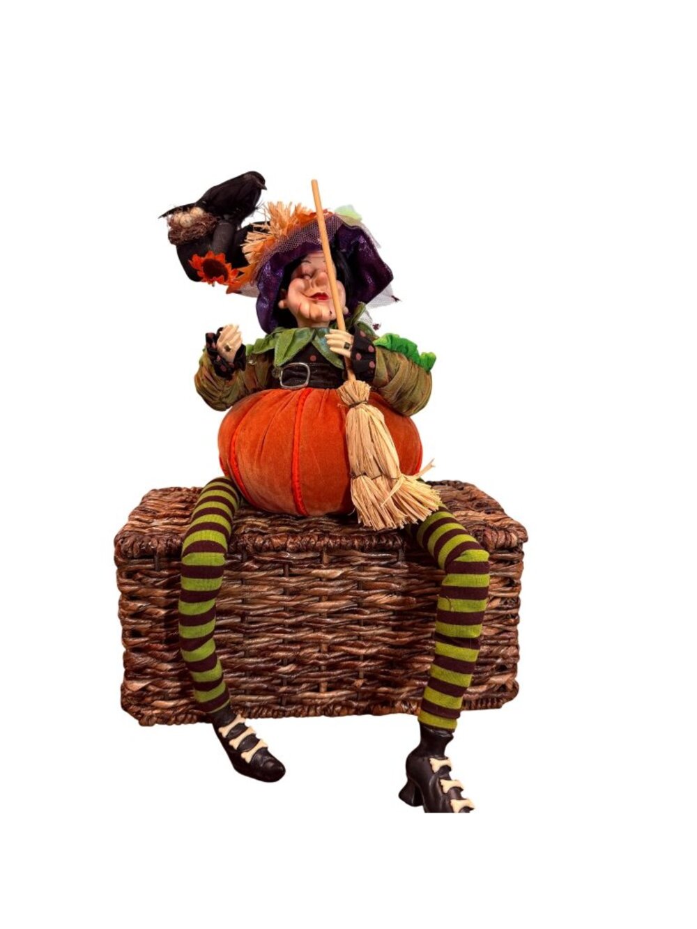 Whimsical Halloween Pumpkin Witch Shelf Sitter Doll  Long Striped Legs